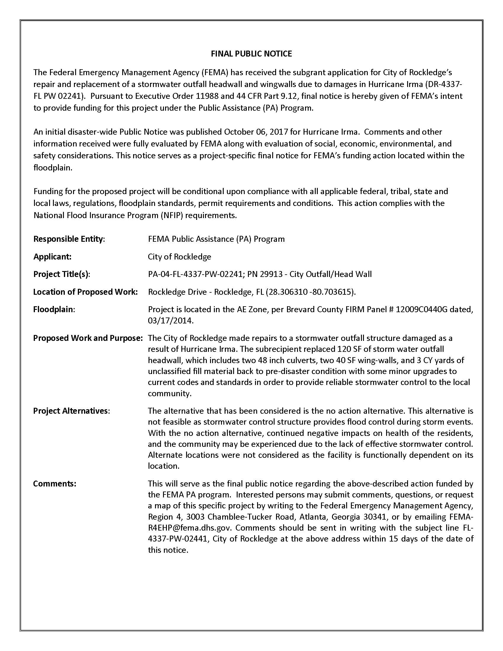 Final Public Notice - Master Outfall Headwall