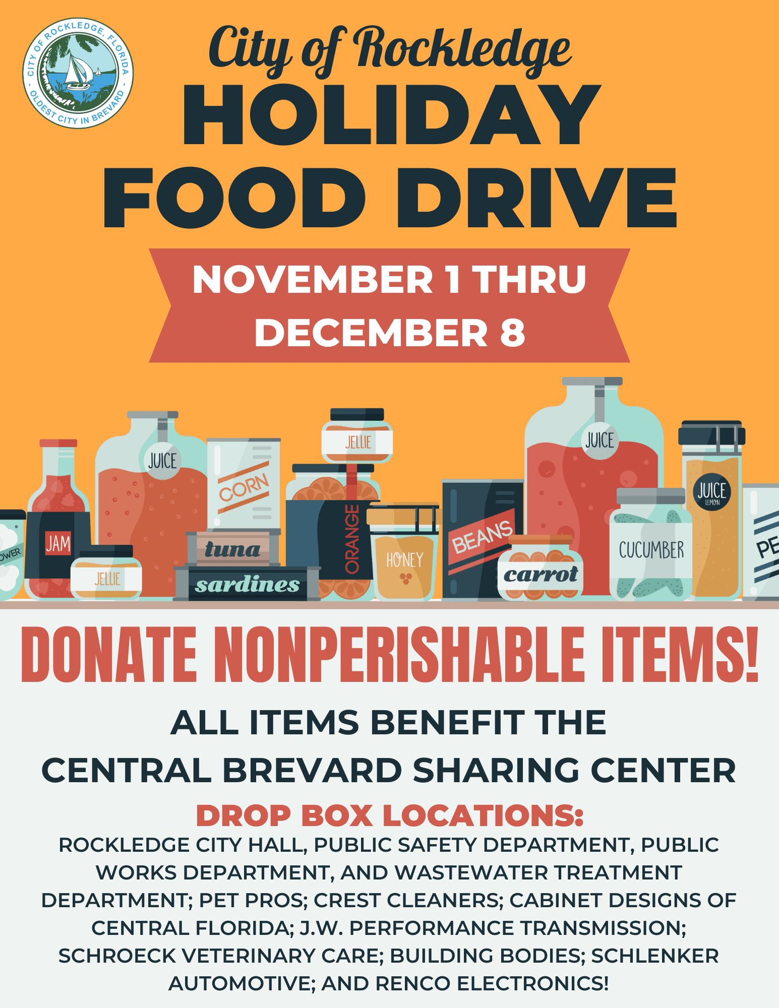 Food drive flyer with list of drop box locations